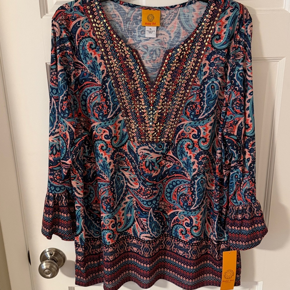Ruby Rd. Blue Multi Paisley V-Neck Peasant Blouse - Picture 3 of 8